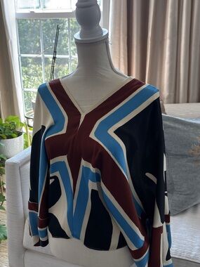 Zara Colorblock Silk-Look Blouse in Blue, Maroon & Cream
